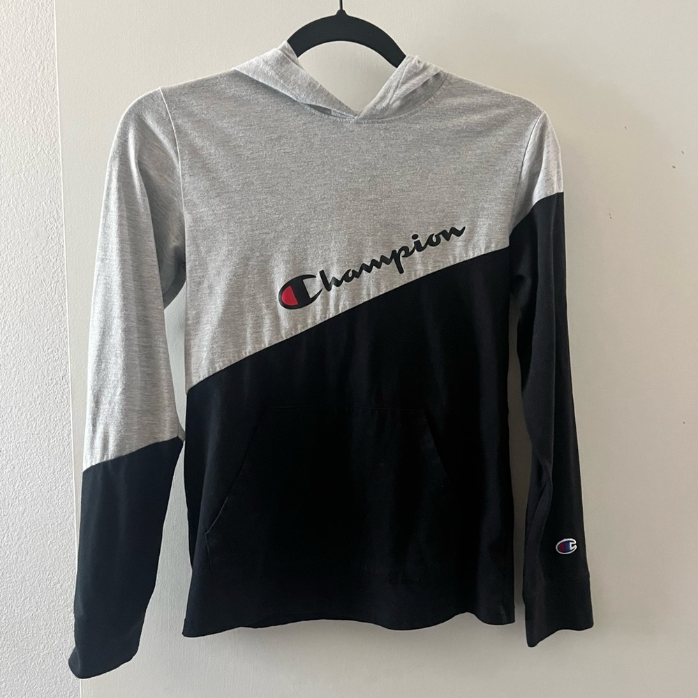 Boys long sleeve, two color, hooded champion shirt